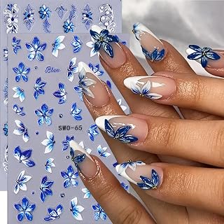 Flower Nail Stickers for Nail Art 5D Blue Lily Flower Nail Decals 4PCS Embossed Blue White Flower Nail Art Design Acrylic Nail Art Supplies Nail Adhesive Stickers Floral Slider Manicure Accessories