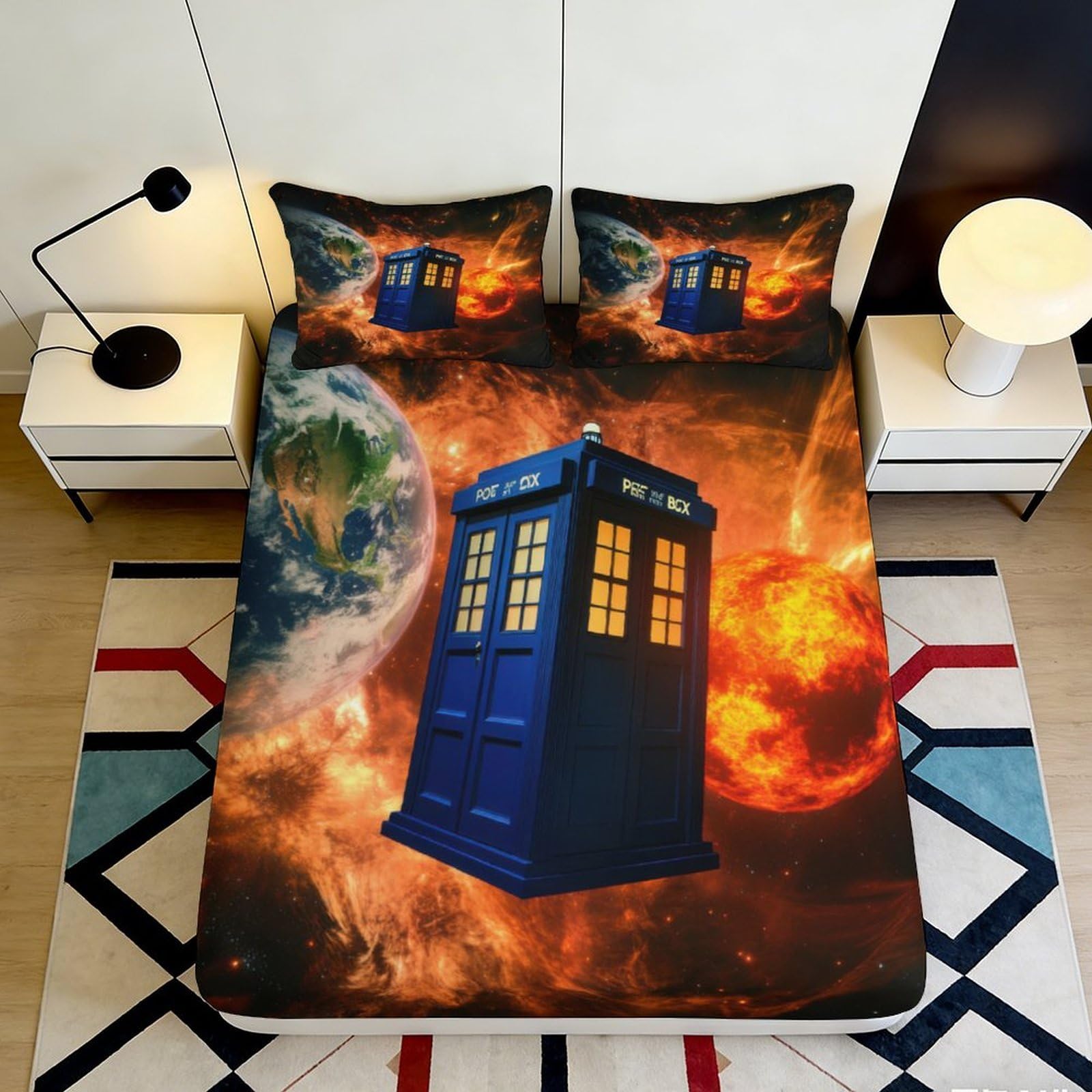 3D Printed Tardis Galaxy Fitted Sheet Microfiber Soft Blue Cosmic Nebula Mattress Cover for Bedroom Home Decor 90x200x25cm