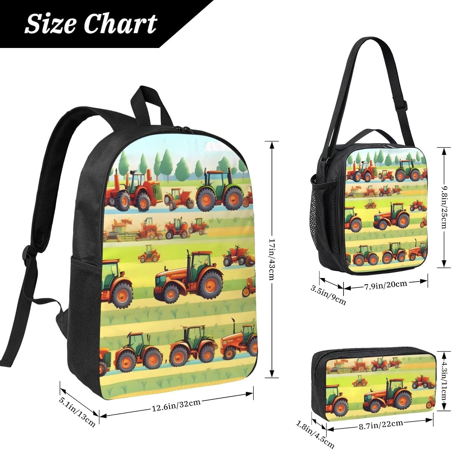 tractor farming print 3PCS Backpack for Men Women Aesthetic 17 Inches Bookbag with Lunch Box Pencil Bag