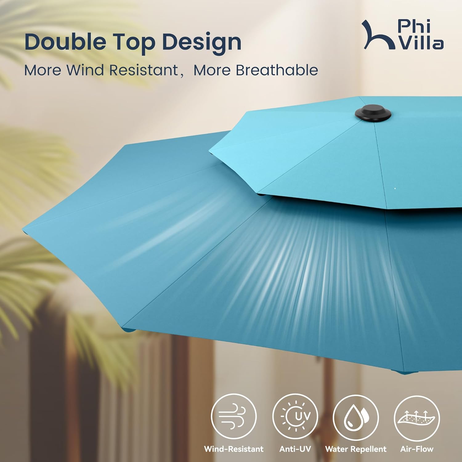 PHI VILLA 13ft Large Patio Umbrellas with Base Included, 2-Tier Double-Sided Outdoor Market Rectangle Umbrella for Outside, Blue & Cerulean