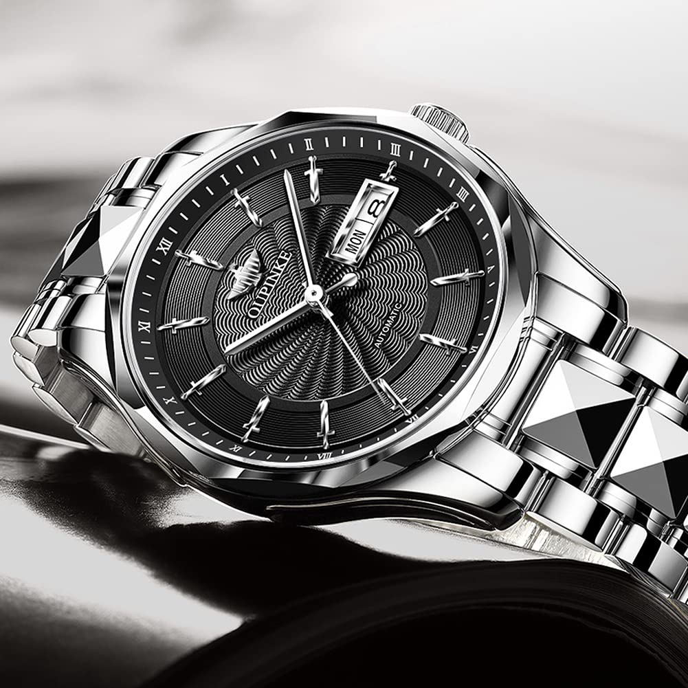 OUPINKE Herren-Armbanduhr, automatisch, selbstaufziehend, mechanisch, Metall, Edelstahl, wasserdicht, analog, Datumsanzeige, Armbanduhr