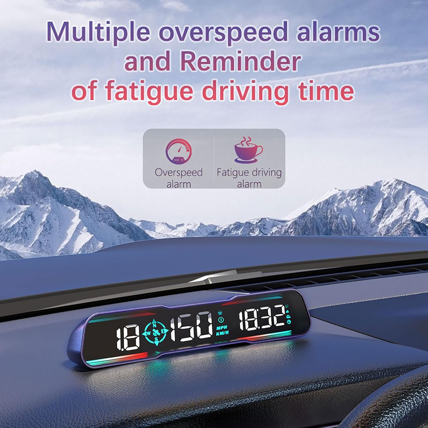 Image showing the G19 display with icons for overspeed alarm and fatigue driving alarm.