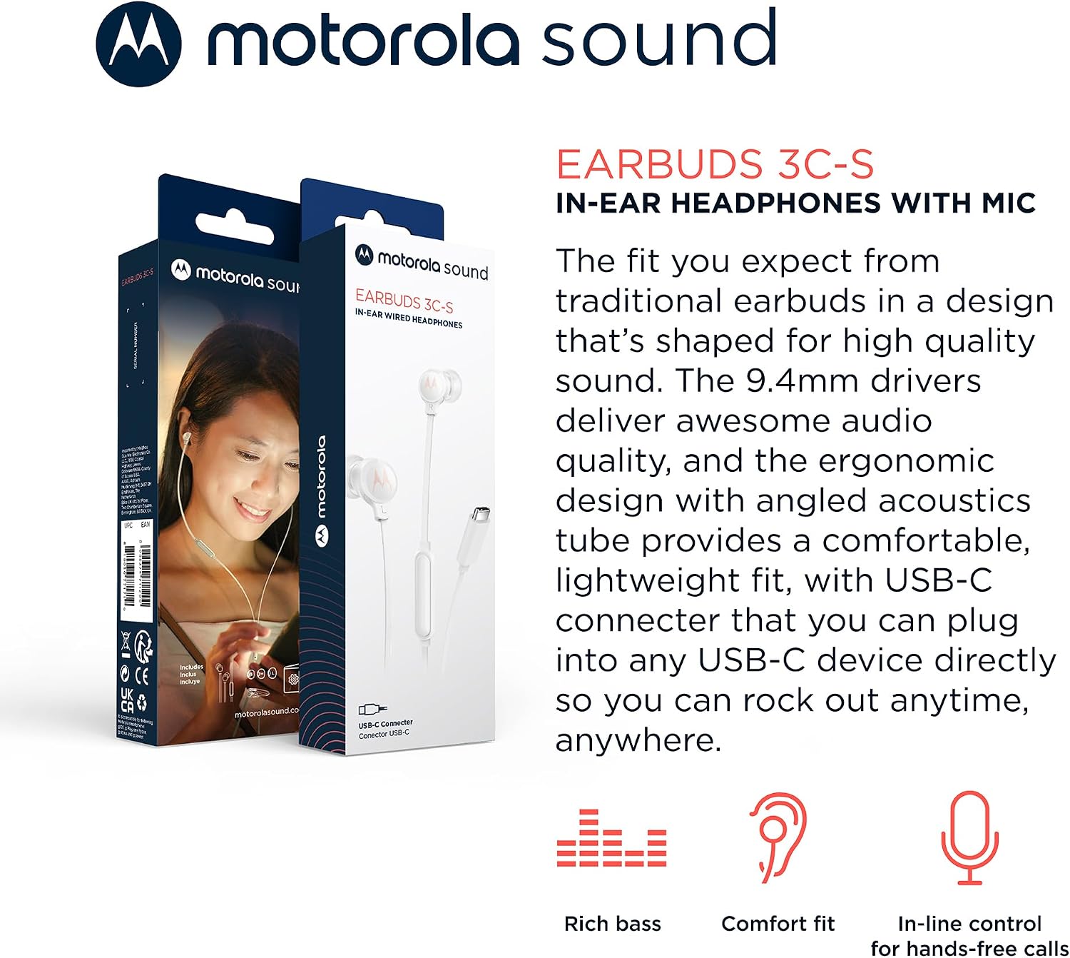 Motorola, Earbuds 3C-S, Conexão USB-C, Fone de Ouvido com Microfone, Branco
