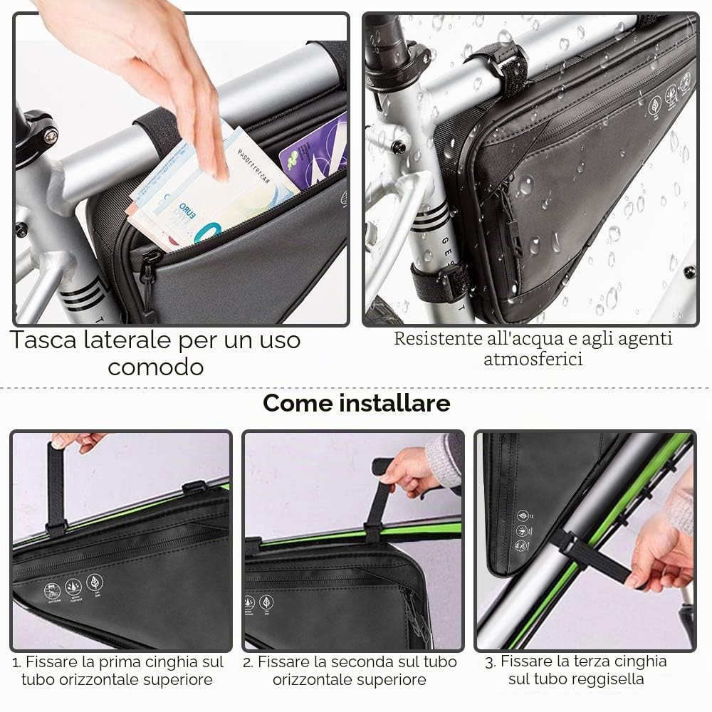 Nasjac Borsa con telaio triangolare per bici, borsa da manubrio anteriore impermeabile da ciclismo Borsa da sella con cinturino per borsa con striscia riflettente
