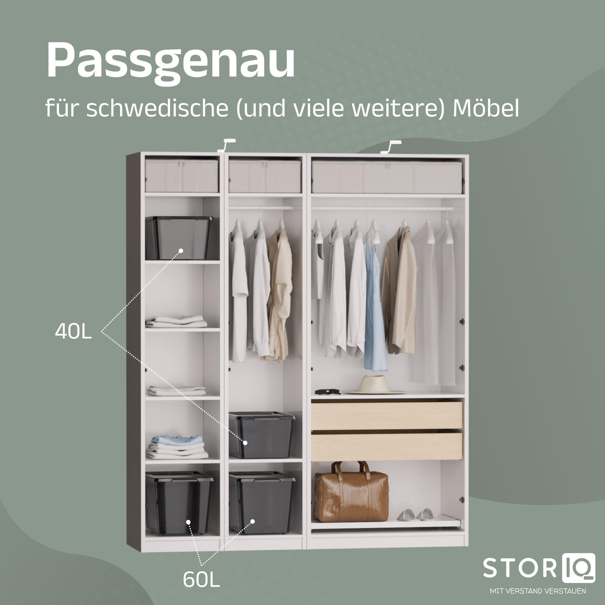 4x 40L Aufbewahrungsbox mit Deckel, Design-Edition, schwarz | stapelbare Ordnungsboxen für Schrank, Regal, Büro, Küche, Keller und Outdoor