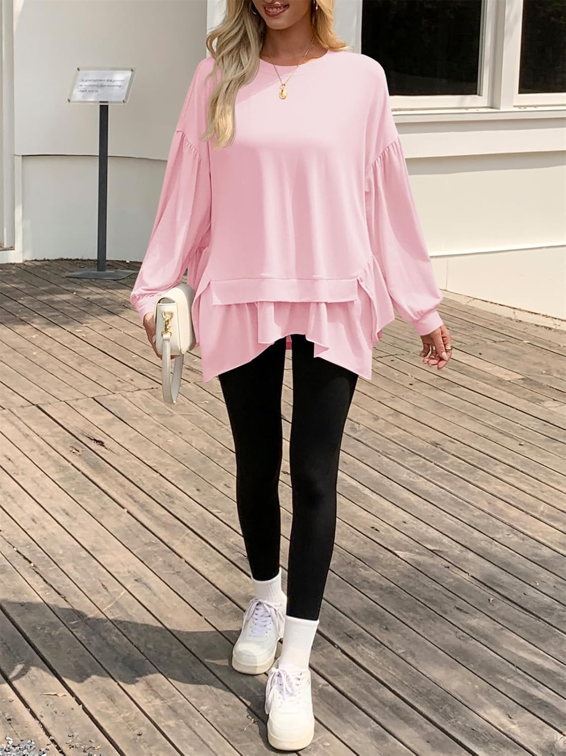 Tankaneo Womens Oversized Tops Peplum Puff Long Sleeve Shirts Trendy Casual Loose Fit Crew Neck Tunic Shirts - Image 4