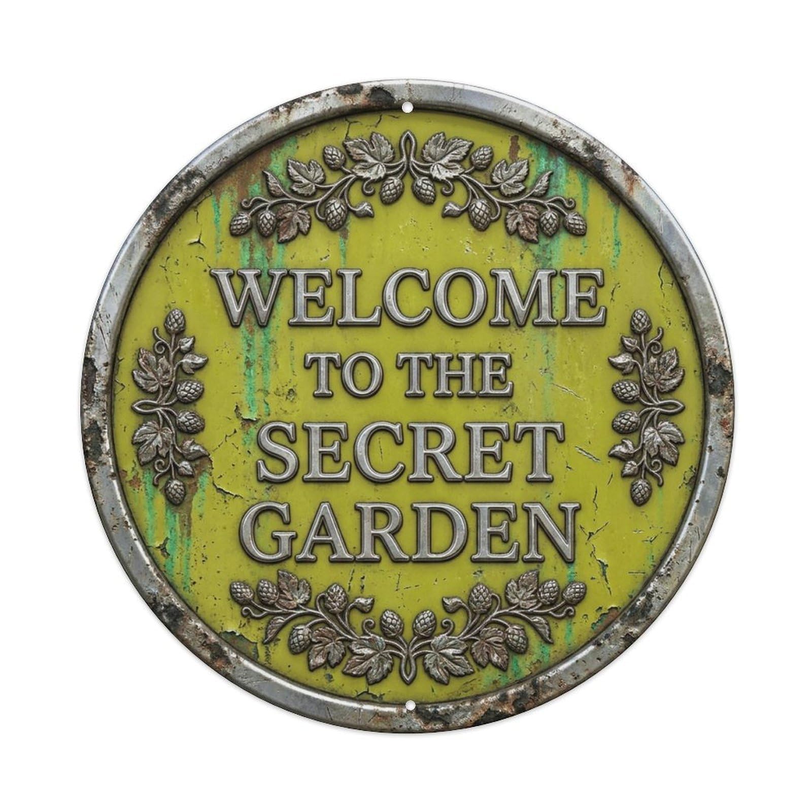 Vintage Welcome Secret Garden Silver Chartreuse Hops Metal Tin Sign