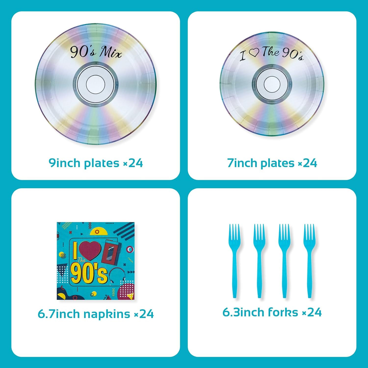 90s Theme Party Decorations Dinnerware - Retro 90's Birthday Party Supplies Includes Plates, Forks, Napkins, Tableware of CD Disc Design Back to 1990s | Serve 24