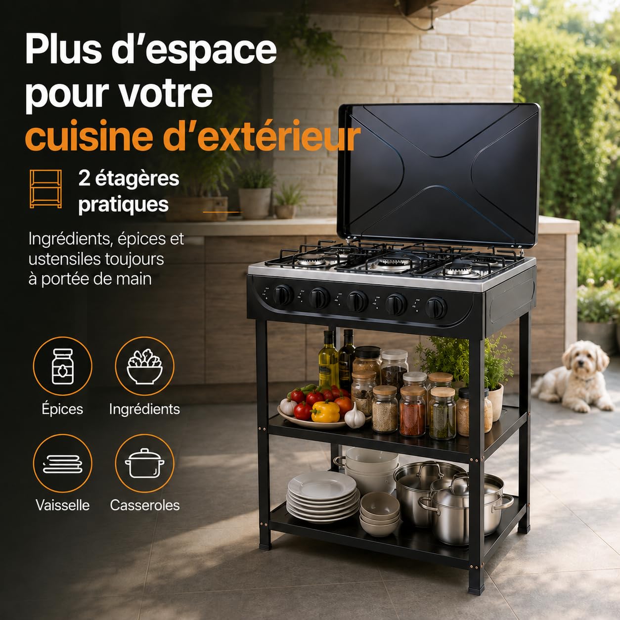 Plaque de cuisson à gaz 5 flammes, 2,5 kW, portable, pour le camping et la maison