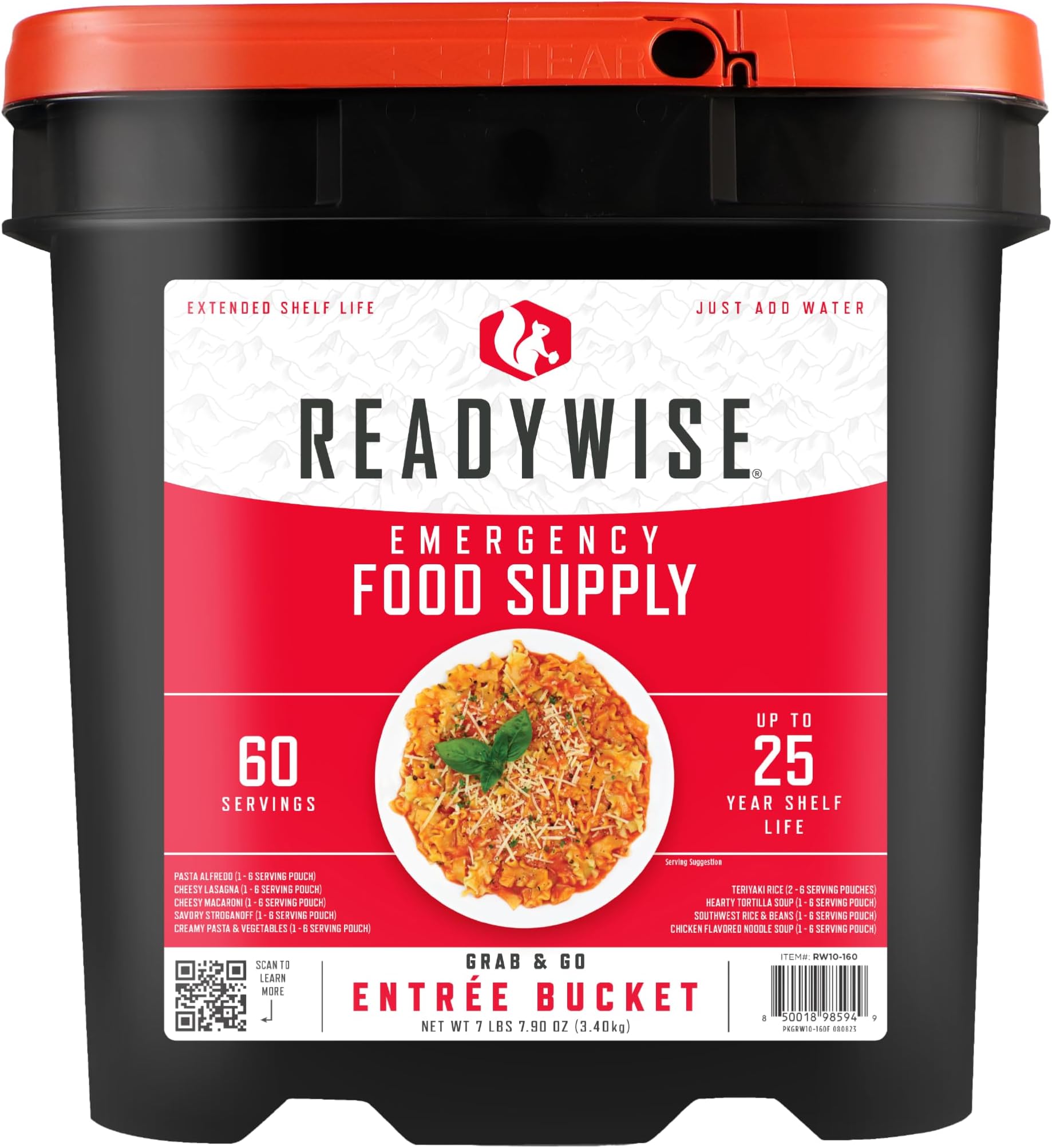 ReadyWise Entrée Bucket - 60 Servings, Emergency Food Supply for Survival Kit, Protein Meals, Freeze Dried Food, Ready to Eat Camping & Road Trip Essentials, up to 25 Year Shelf Stable Life