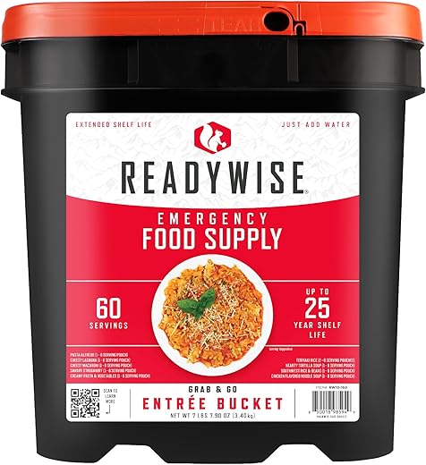 ReadyWise, 60 Servings, Lunch & Dinner Only, 13 Different Recipes, Takeaway Bucket, Freeze Dried, 25 Years Shelf Life 7 Days for 1 Person