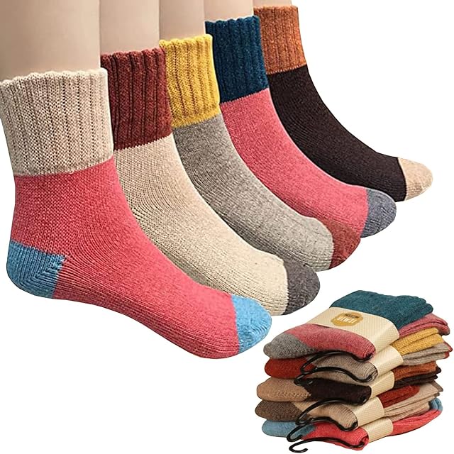 Warm Wool Women Socks, 5 Pairs Casual Thermal Socks Warm Knitted Ladies Socks for Winter, Multicolored Soft Thick Cotton Socks for Ladies Women Ideal for School Office Hiking