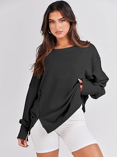 Miniatura 3 de ANRABESS Sudaderas de gran tamaño para mujer, con cuello redondo, manga larga, casuales y holgadas, con aberturas, ropa de otoño 2025, para