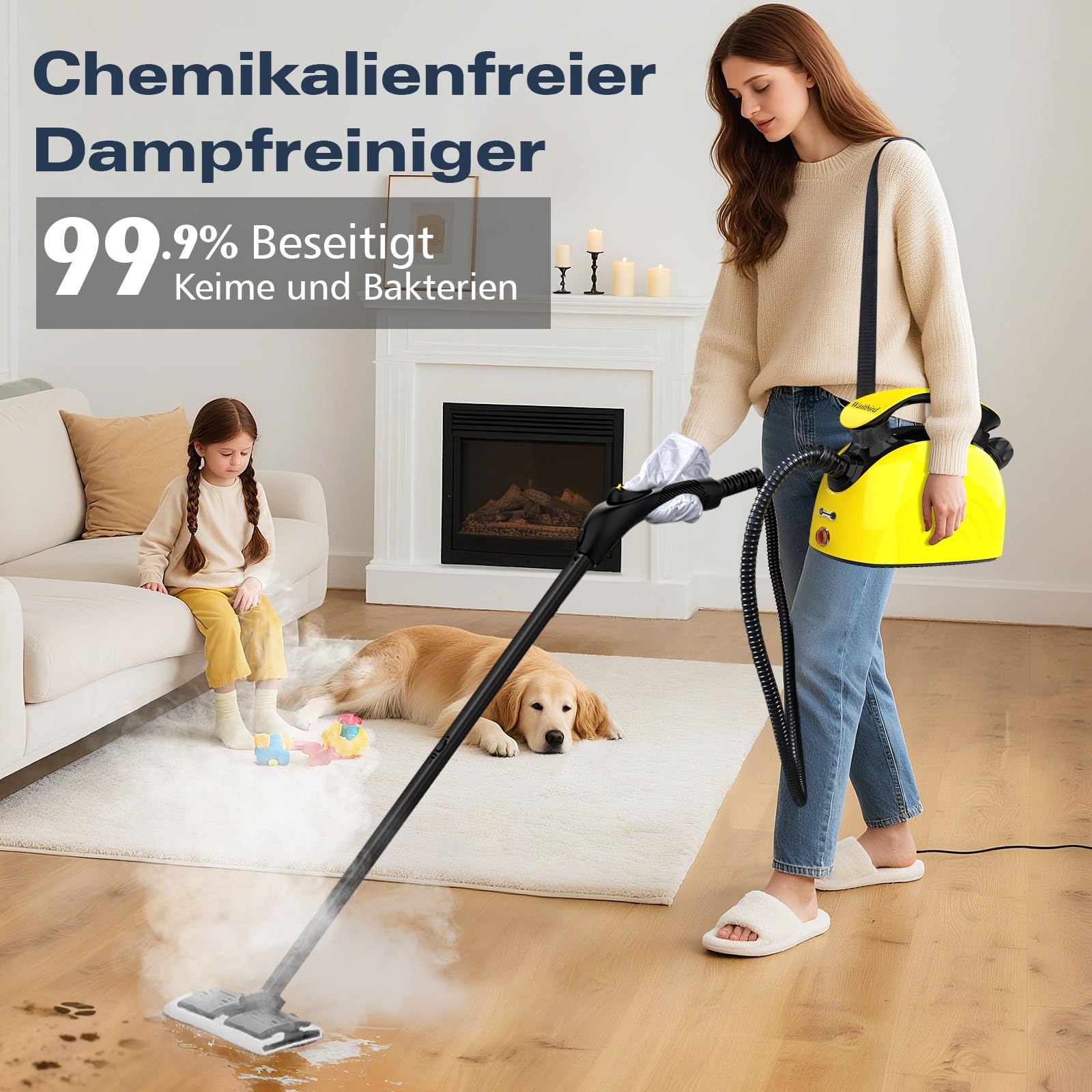 Waitbird Dampfreiniger mit 21 Zubehörteilen 248°F Hochtemperatur-Dampf Großer 1.1L Wassertank, Mehrzweck, Ideal für die Reinigung von Böden, Sofas, Glasen，Küche, Toilette Besenstiele