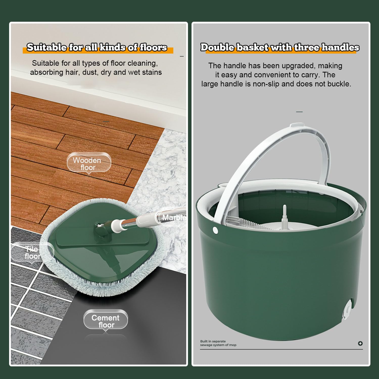 AVSMGP 130cm Mopa Fregona con Cubo Escurridor, 2 en 1 Separa la Suciedad del Agua Dulce, Mopa para Limpiar Azulejos y Paredes, Cubo Fregona Autoescurrible Escurrefacil, 2 Recambio Mopa Microfibra,4