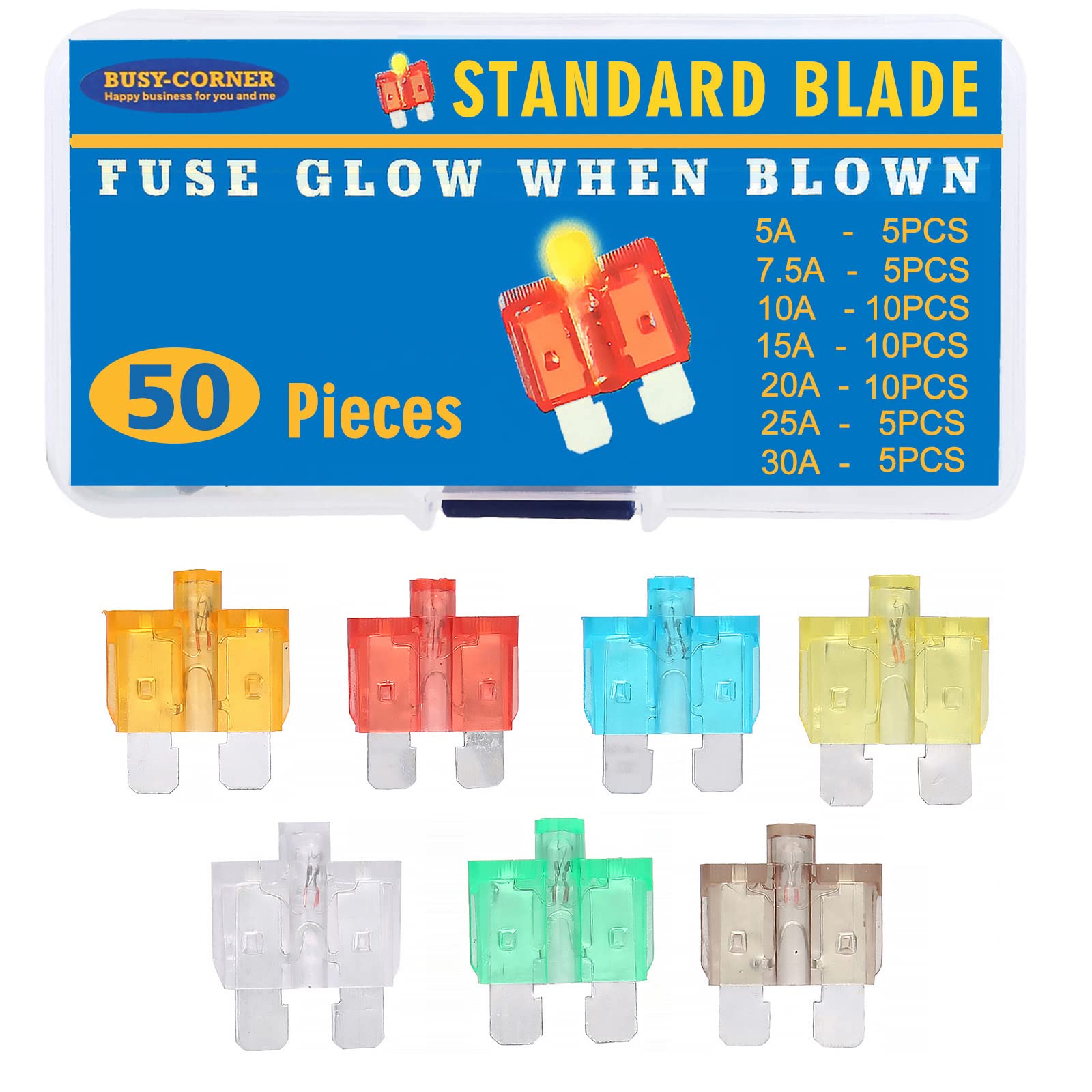 Busy-Anger, kit fusibili per auto, lama standard, fusibili per auto, luce quando soffiato, fusibile intelligente e facile identificazione, 50 pezzi