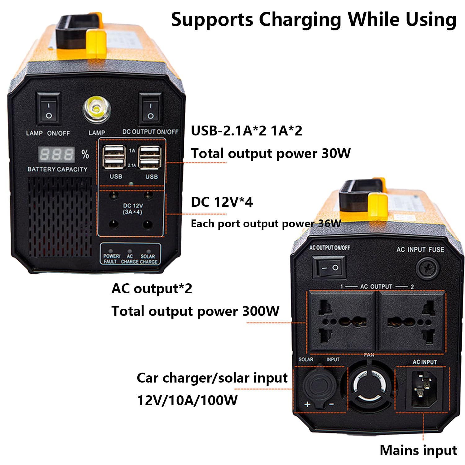 Estación de energía portátil, generador solar de respaldo para camping con toma de corriente alterna y luz LED para camping, caravanas, drones e iluminación exterior, con 2 tomas de corriente y 4 pu