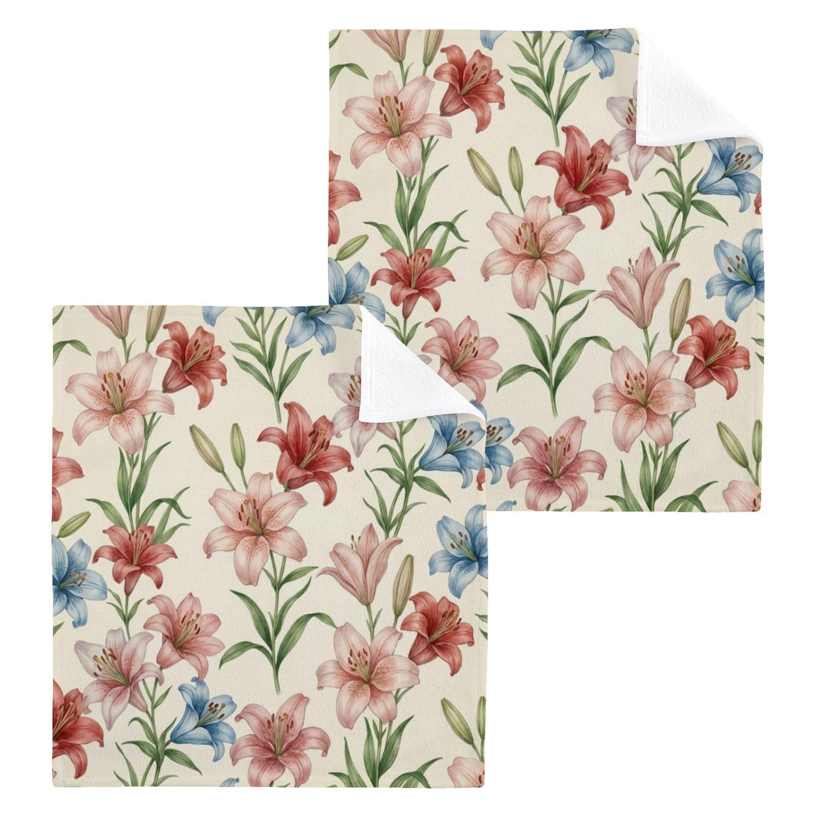 BOESI Vintage Lily Pattern 12x12in Cotton Washcloth,Face Towel