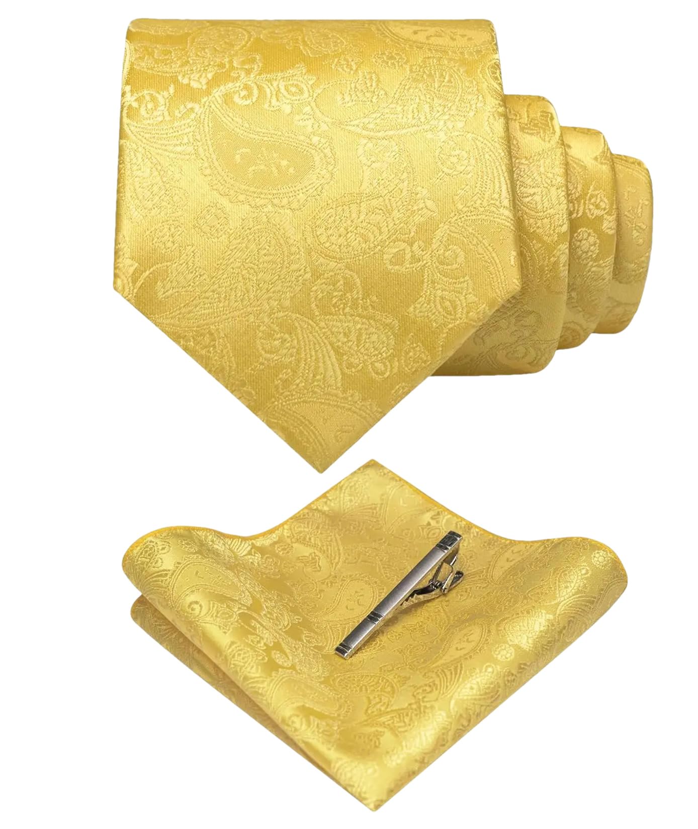Einfarbige Paisley-Krawatte und Einstecktuch mit Krawattenklammer-Set, hellgelb, Einheitsgröße