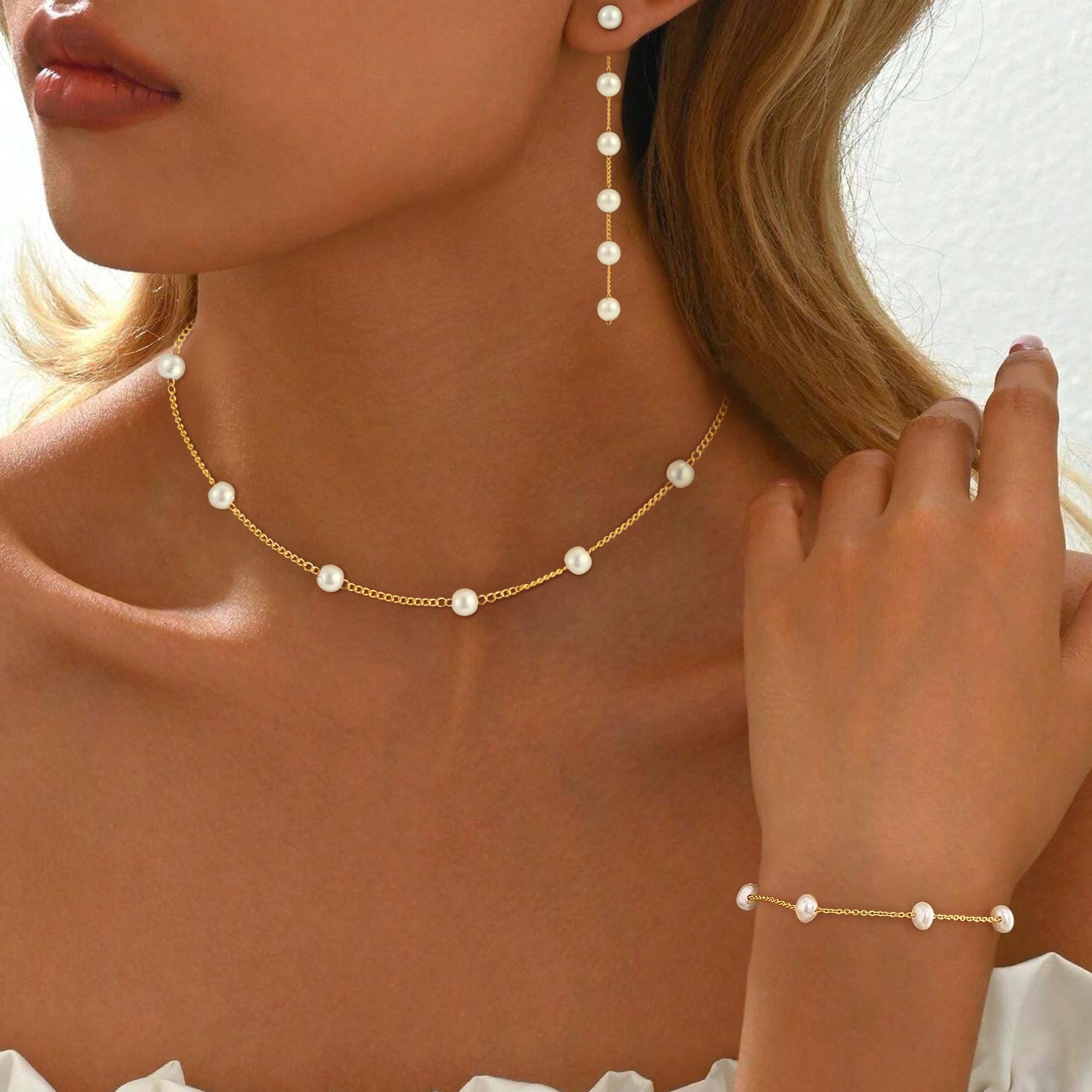 Pearl Necklaces for Women, 18K Gold/Silver Plated Layered Pearl Necklace Dainty Pearls Choker Necklace and Earring Set Wedding Prom Gold Jewelry for Women Christmas Teen Gifts Trendy Stuff