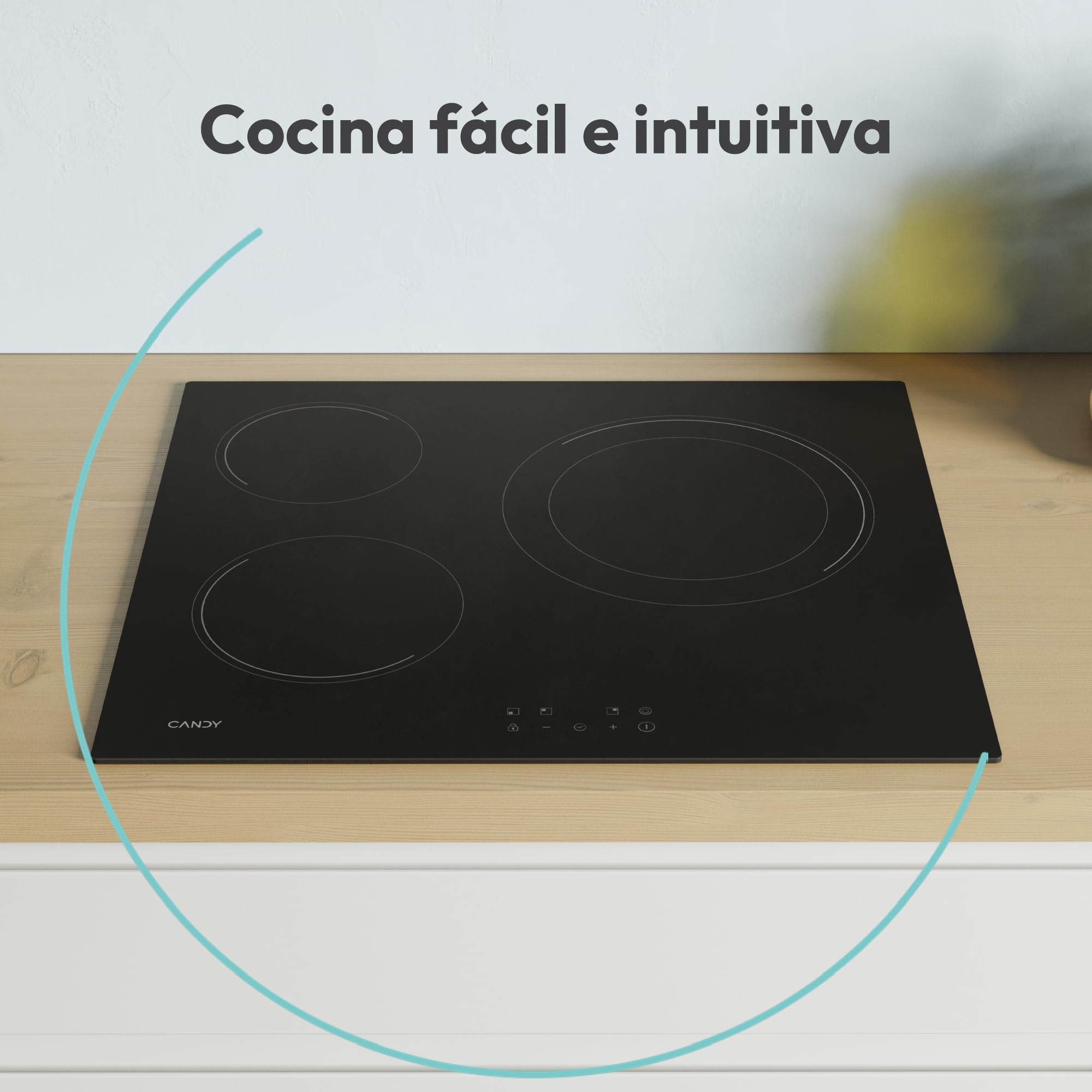 Candy CH63DCC Placa vitrocerámica 60 cm, 3 zonas de cocción, doble zona paellera de 28 cm, control táctil, 9 niveles de potencia, sistema de seguridad, color negro