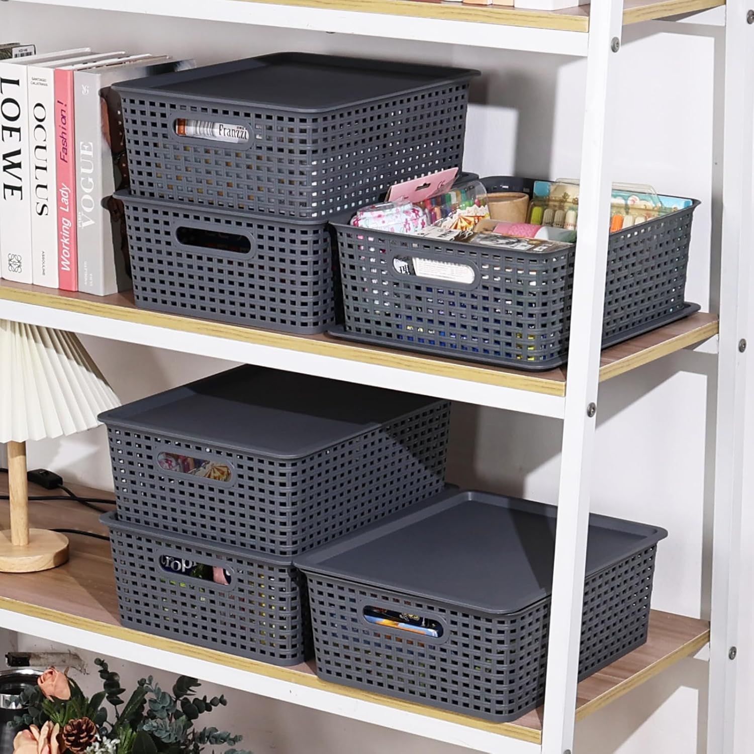 6 Pack Plastic Woven Storage Baskets with Lids, Lidded Organizer Baskets, 13.97" x 11.6" x 5.3", Grey
