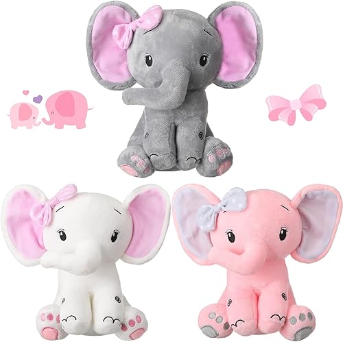Zomiboo 3 piezas de elefante de peluche de 8 pulgadas, elefante de peluche, regalo para decoración de cama de bebé, niña y niño (estilo lindo)