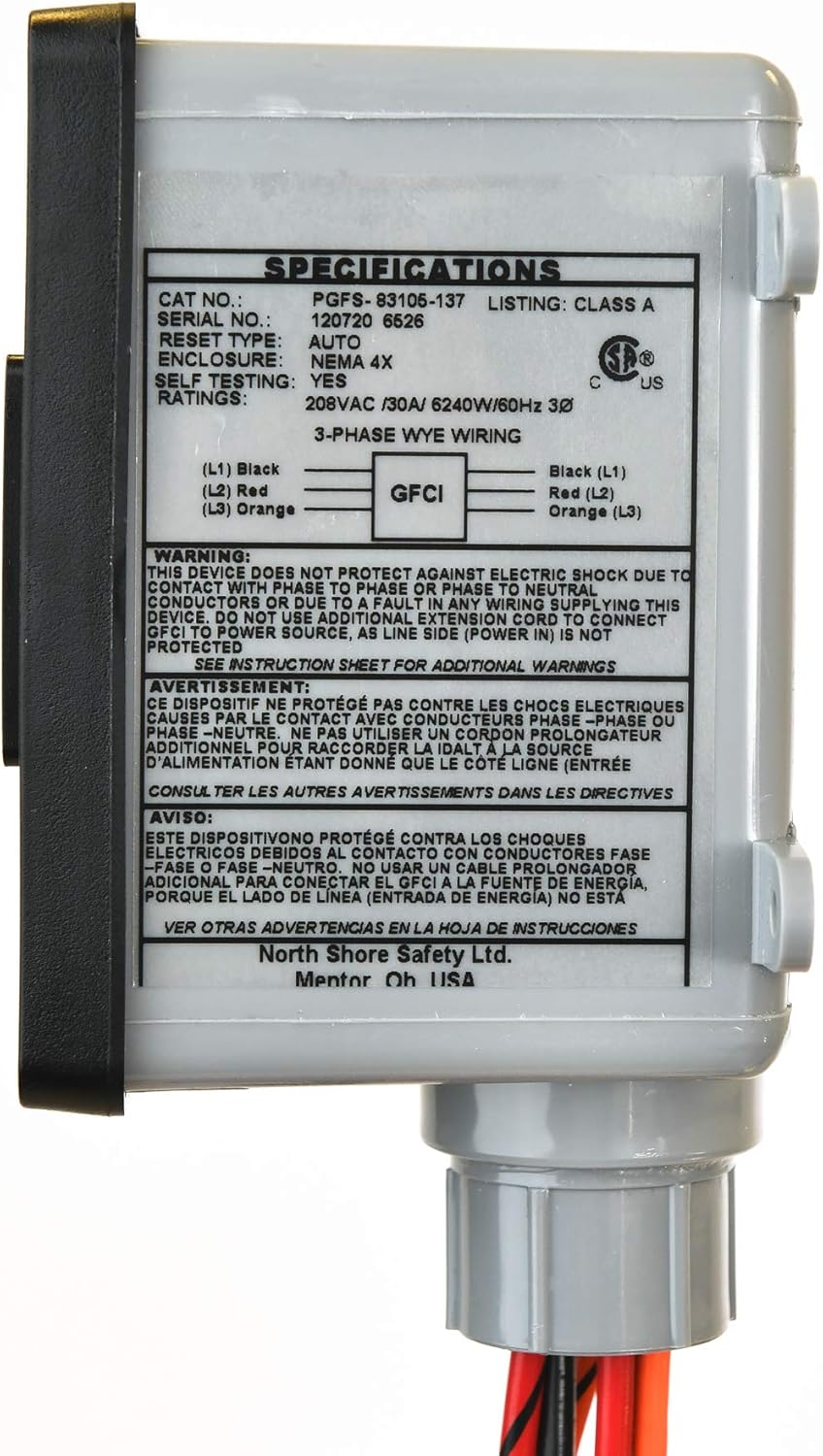 PGFS-83105-137 30 Amp, 208 Volt, 3 Phase, Permanent Mount, GFCI, with Auto Reset and Additional Noise Filtering, UL943A Listed