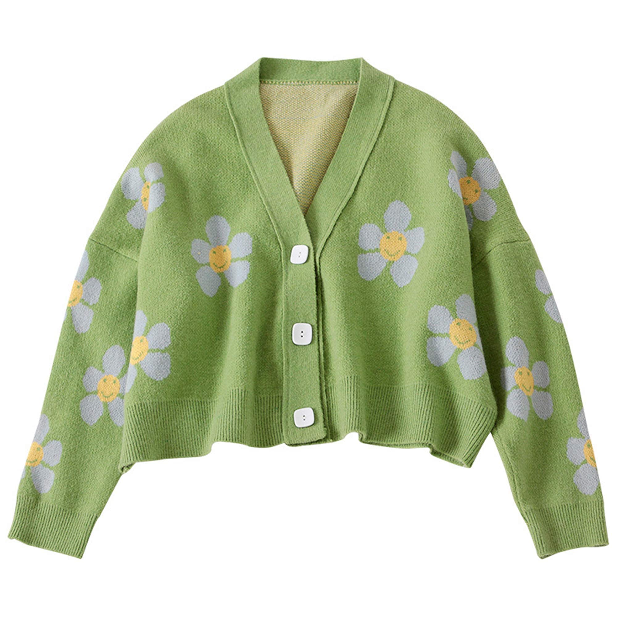 Women's Flower Long Sleeve Open Front Short Cardigan Casual Loose V Neck Button Down Knit Cropped Cardigan Sweaters Coat Green