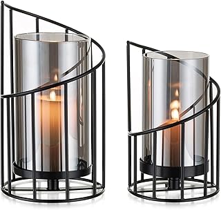 Candeldo Lantern Candle Holder Black Decorative Modern: Set of 2 Candle Holders Metal Lantern Outdoor Table Decoration Living Room Bathroom Garden Lanterns Outdoor and Indoor for Pillar Candle Tea