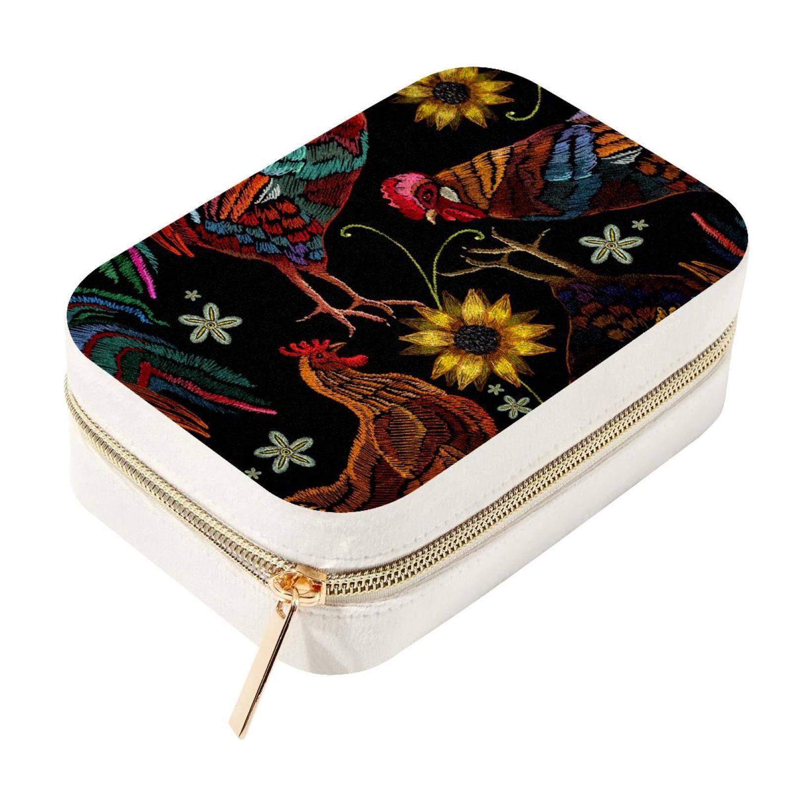 Double Layer Portable Travel Mini Jewelry Case Display Storage Holder Boxes Embroidered Cock Rooster Chick Sunflower