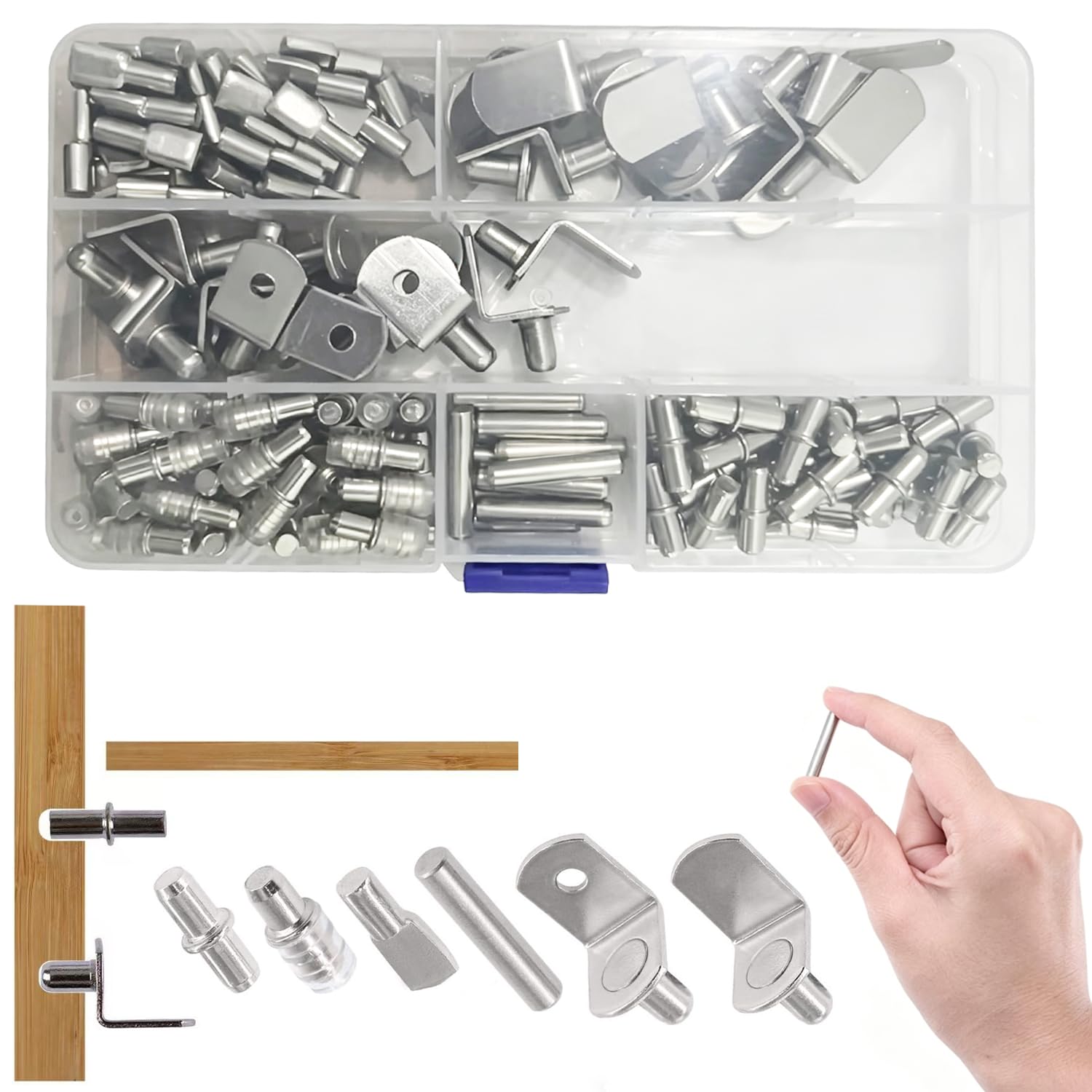 5mm Shelf Support Peg,120 pcs Nickel Plated Furniture Replacement Peg,4 Styles Metal Support Pegs with Hole,Shelf Brackets for Cupboard Furniture Kitchen Wardrobe Shelves for Cabinets, Bookshelves
