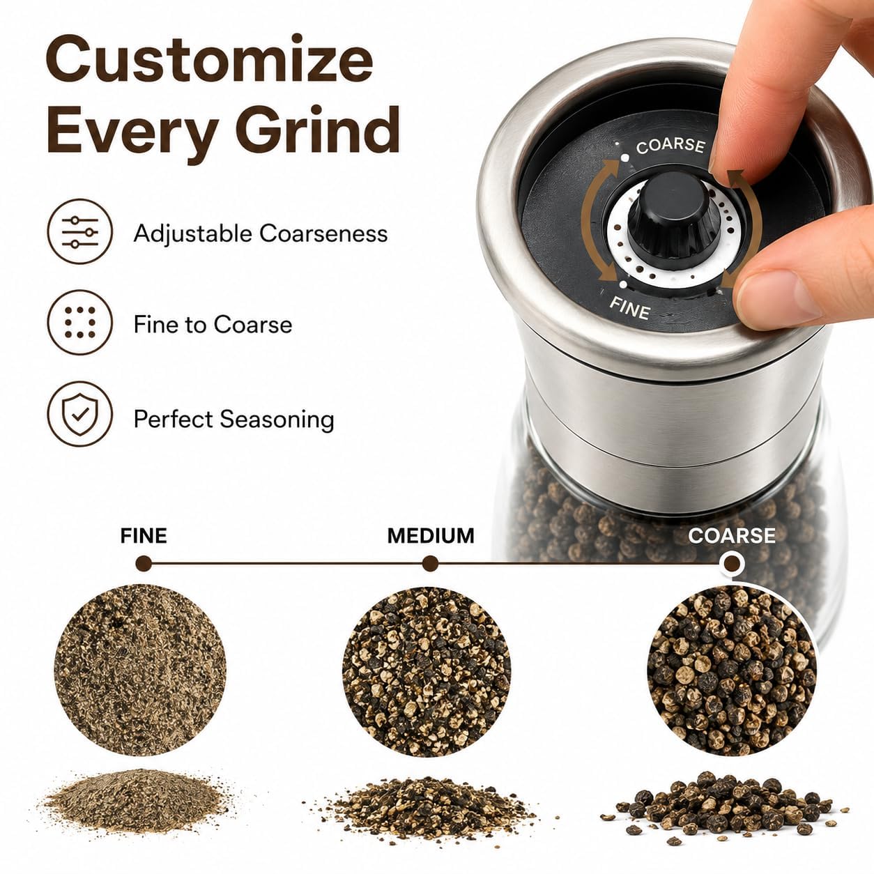 VILON Stainless Steel Spice Mill (200ml) – Adjustable Ceramic Grinder Salt or Pepper Mill Shaker, Pack of 1 — Amazon image 4