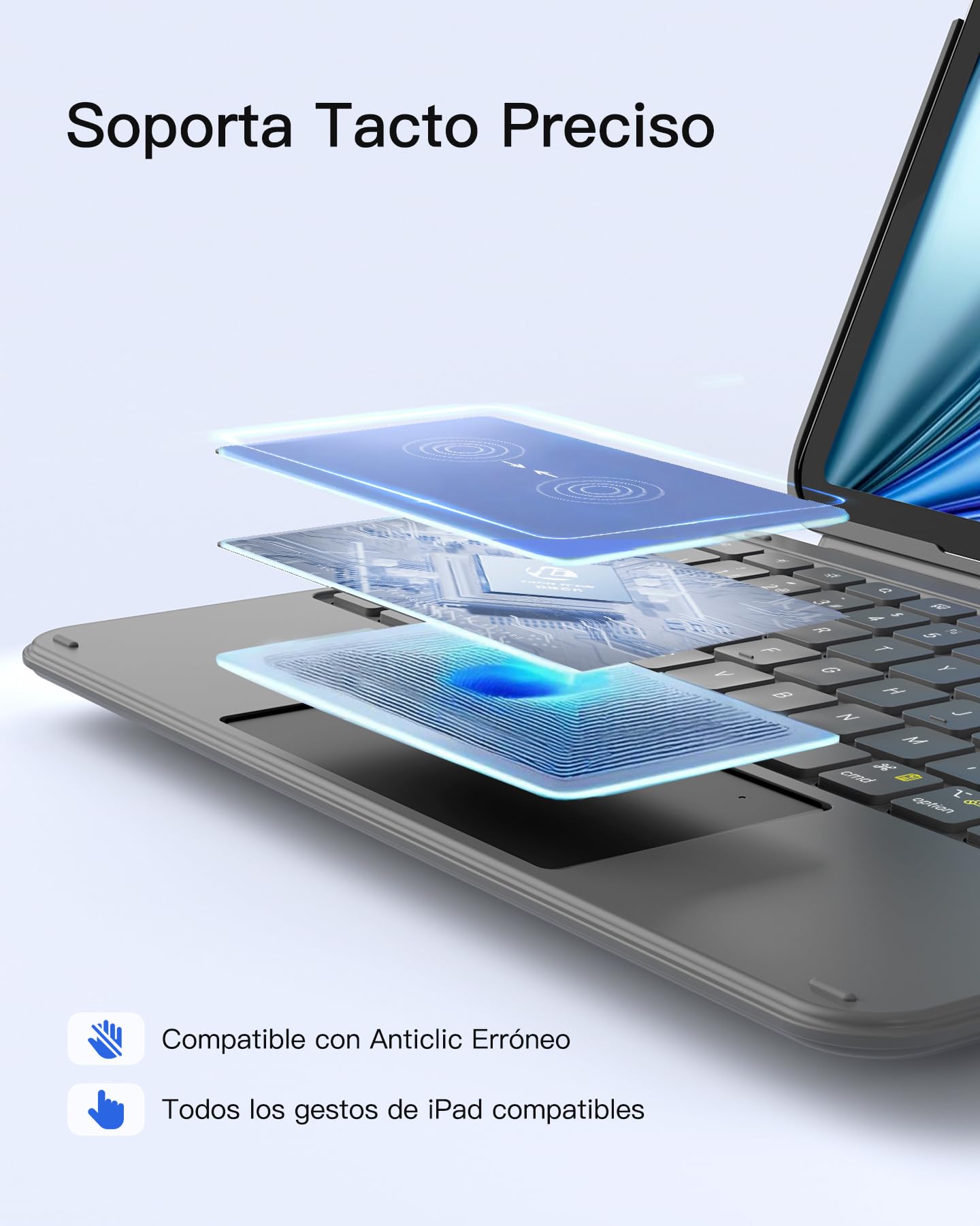 Inateck Funda con Teclado para iPad A16 2025, 10/11 Gen (10.9/11"), Air 11" M4/M3/M2, Air 6/5/4, Pro 11 (1-4Gen), QWERTY Español Ñ, Bluetooth Magnético Desmontable con Trackpad, Gris AceTouch