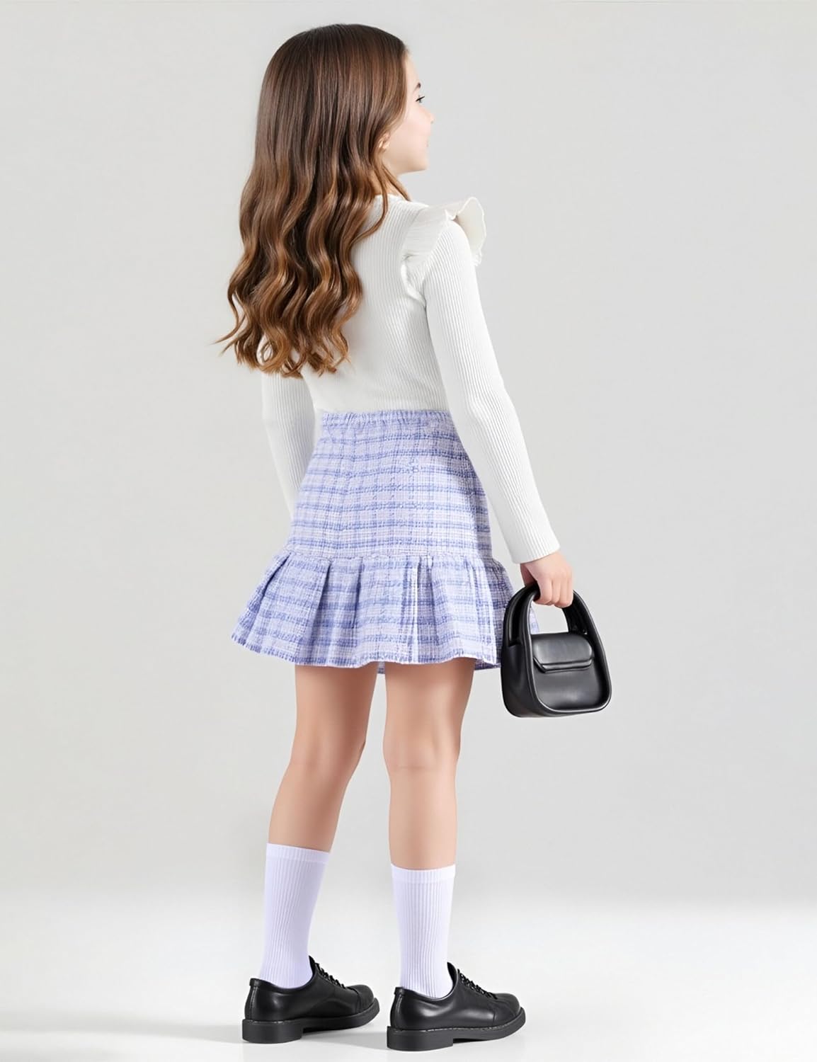 Toddler Girl Outfits Ruffled Long Sleeve Top Plaid Tweed Skirt and Beret Set Fall Winter Girls Clothes Size 3-8 - Image 3