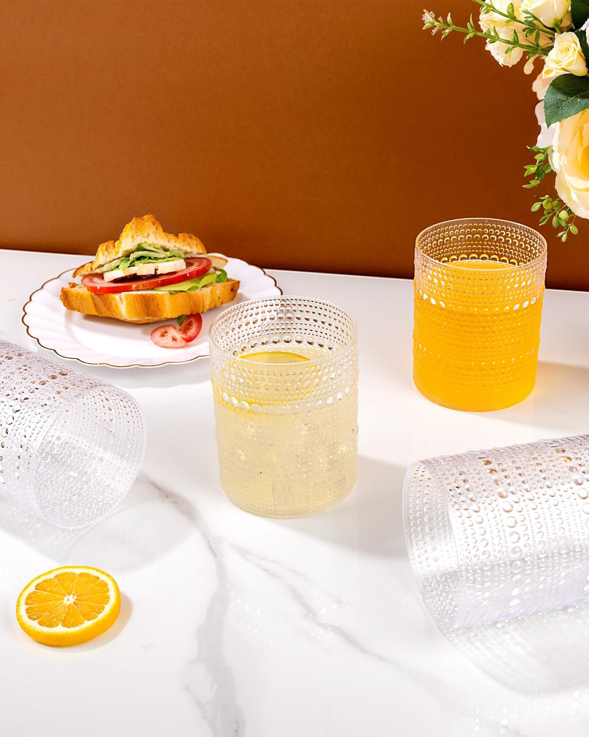 YOUBET 24PCS Plastic Hobnail Drinking Glasses - 14 Oz Clear Vintage Glasses Drinkware - Disposable Beaded Cups for Juice, Wine, Party - Image 6