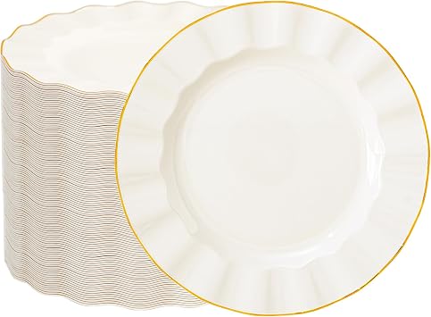 100 Pack Ivory Plastic Plates with Gold Rim, 7in Wave Edge Dessert Plate