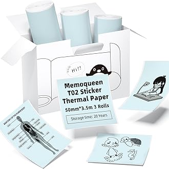 Memoqueen T02 Self-Adhesive Thermal Paper, Cyan Inkless Sticker Paper Printer Paper, 3 Rolls 1.96" x 11.4' (50mmx3.5m/Roll), Compatible with T02 M02X M02L Q02 Y02C, Black Text, Keep for 20 Years