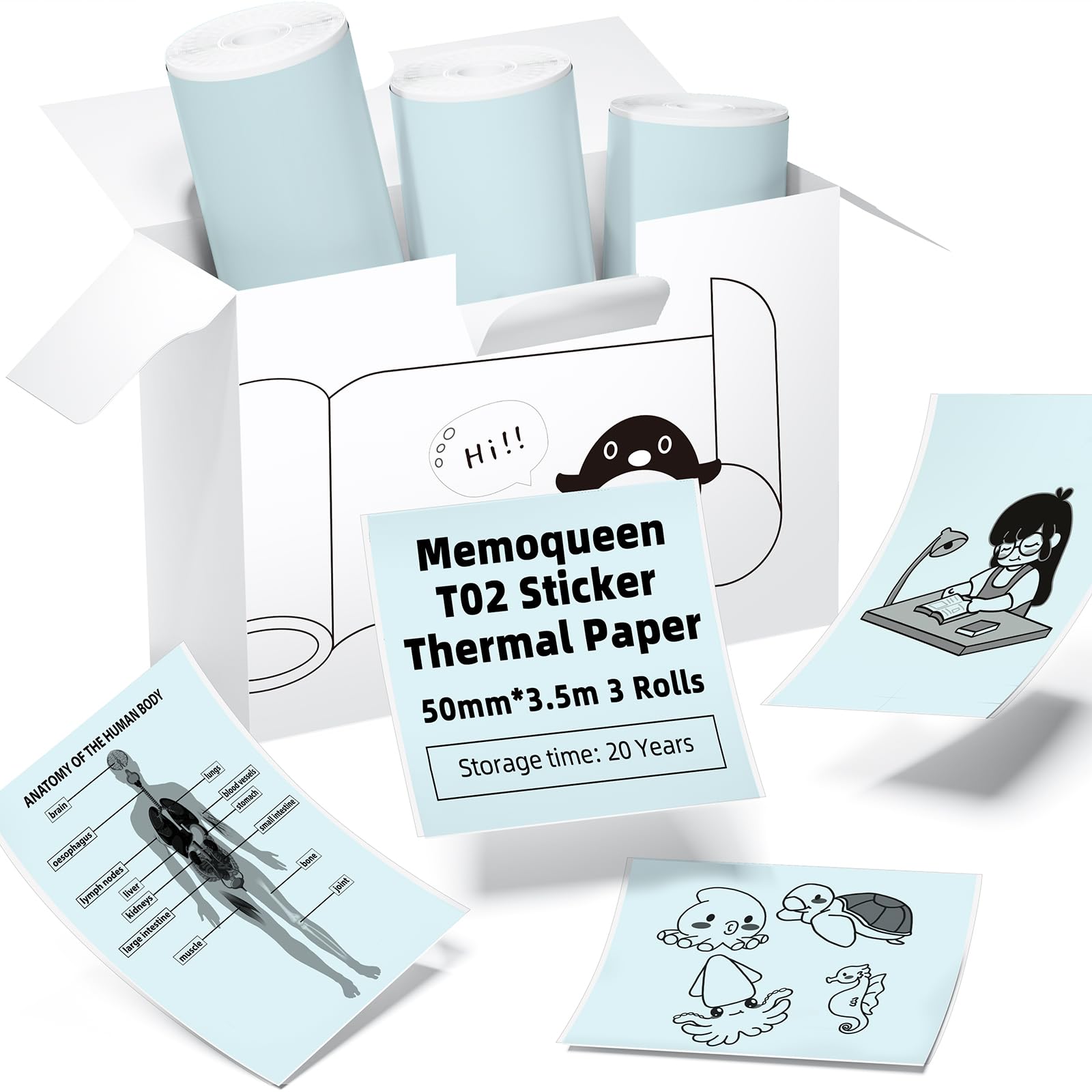 Memoqueen T02 Self-Adhesive Thermal Paper, Cyan Inkless Sticker Paper Printer Paper, 3 Rolls 1.96" x 11.4' (50mmx3.5m/Roll), Compatible with T02 M02X M02L Q02 Y02C, Black Text, Keep for 20 Years