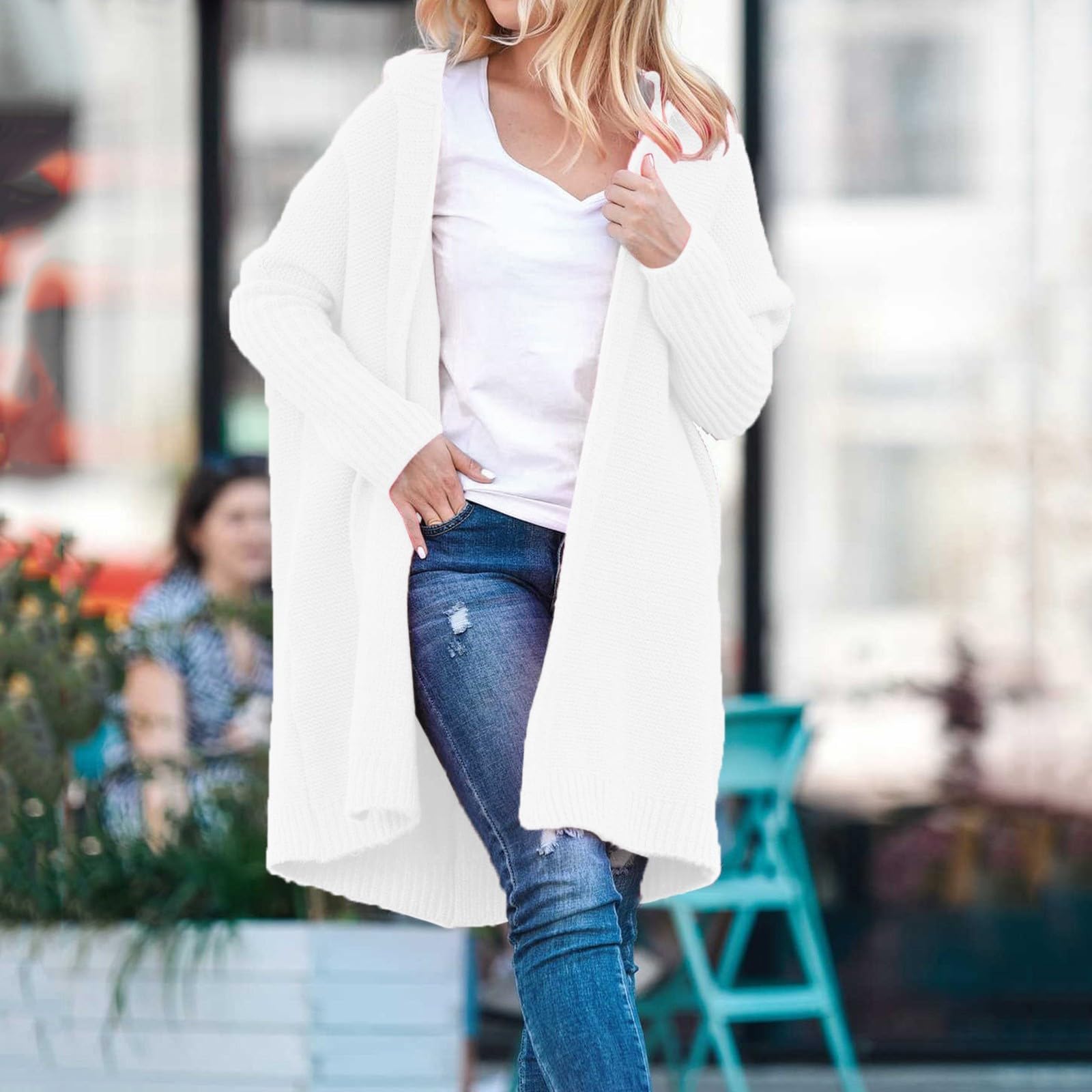 Cárdigan largo de punto grueso con capucha para mujer, chaqueta de suéter de otoño e invierno, sudadera con capucha de punto holgado y parte delantera abierta