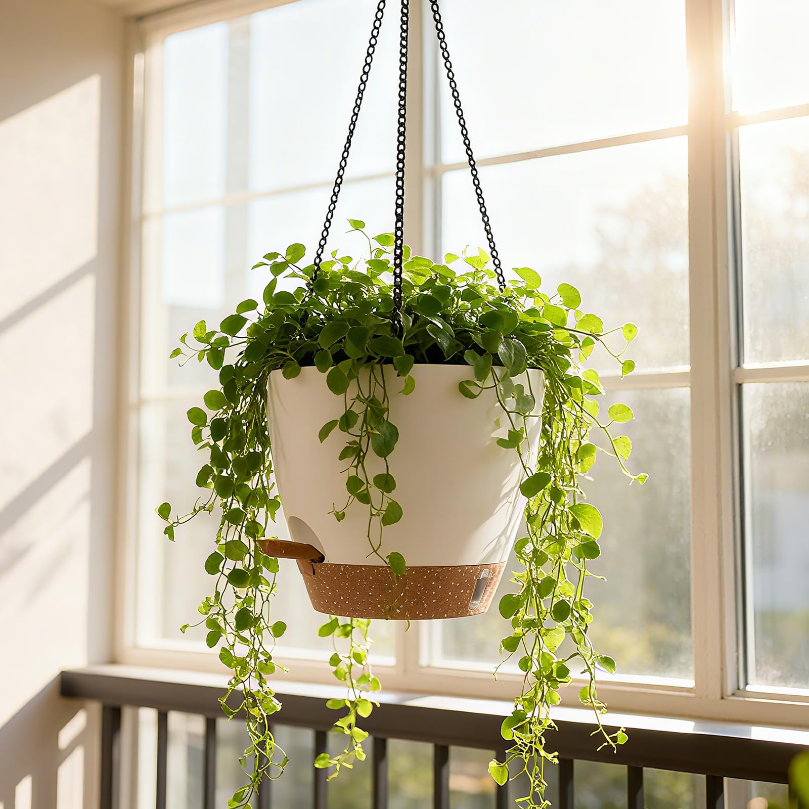 SINJEUN Lot de 2 Pots de Fleurs Suspendus avec Réservoir d'eau - 20,3 x 17,8 cm - Blanc Doré - pour Intérieur et Extérieur - Balcon Terrasse Jardin