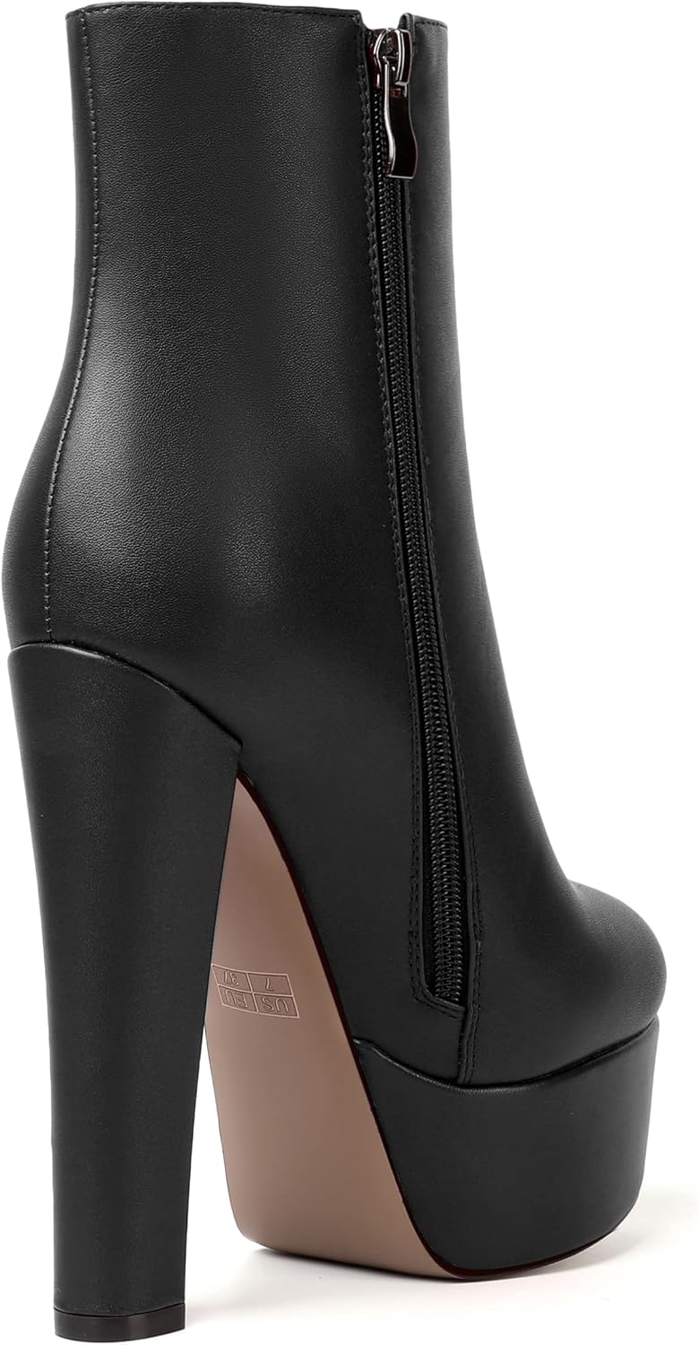 MERRORI Womens Solid Round Toe Zip Platform Dress Office Matte Chunky High Heel Ankle High Boots 6 Inch