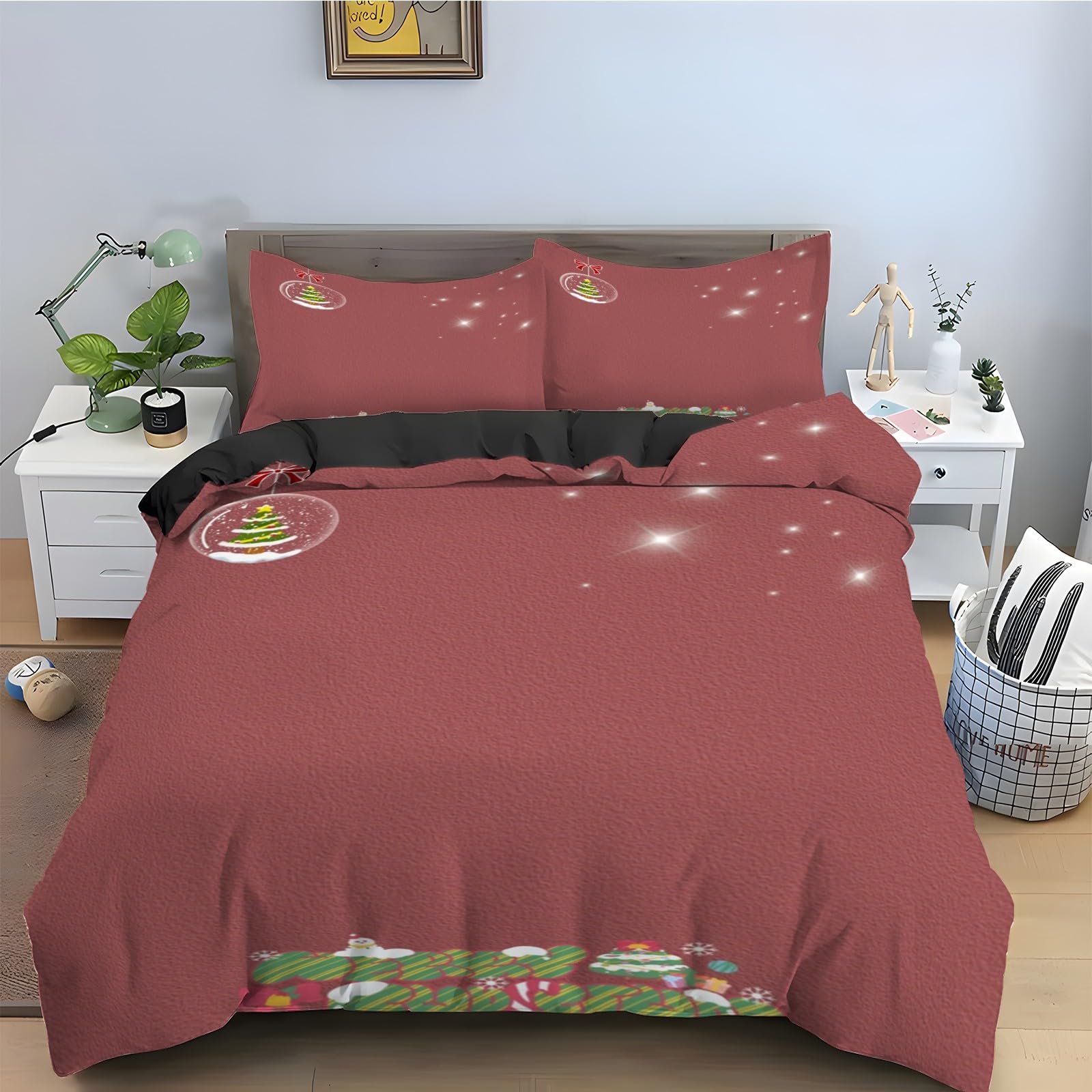 Housse de Couette 200x200 Biscuits de Noël Parure de Lit 3 Pièces