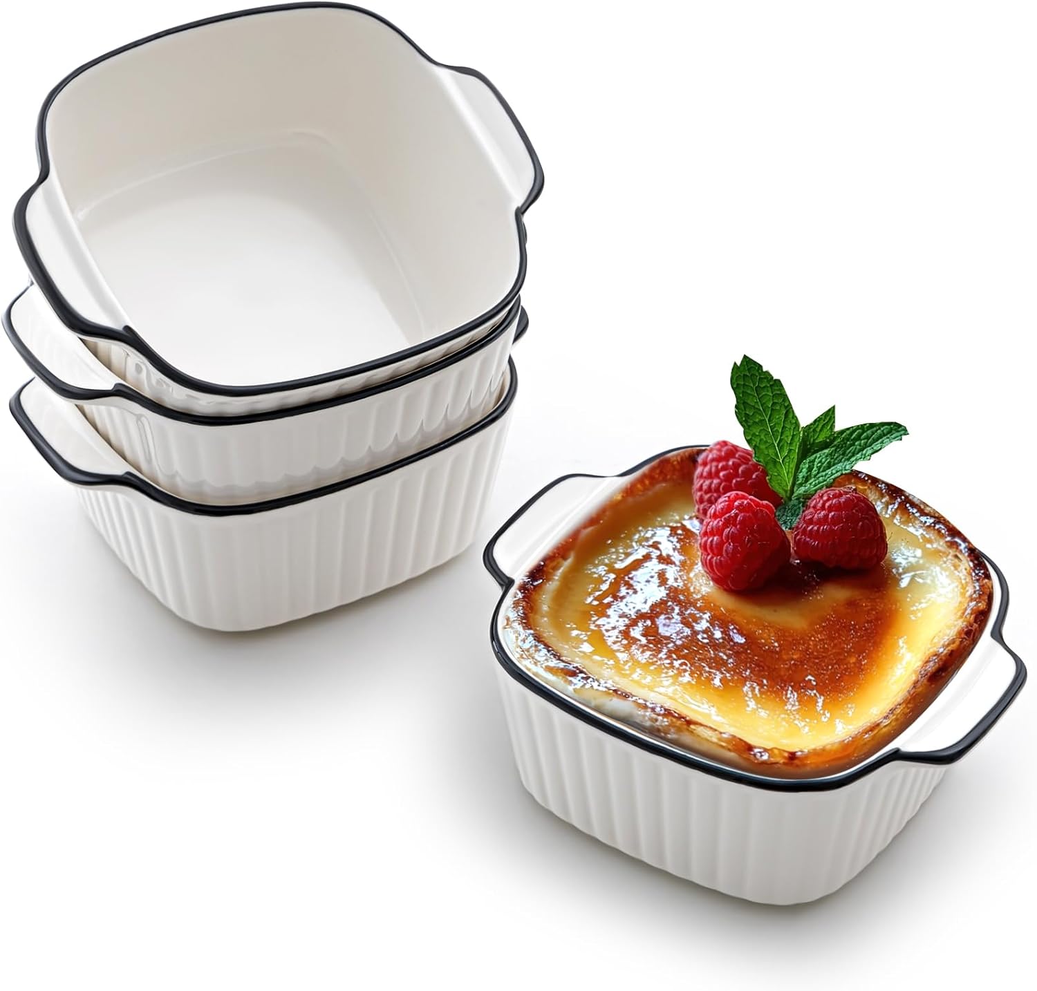 Maxdot 4 Pcs Ceramic Baking Dishes Porcelain Soup Bowls 5.75 Inches Ceramic Square Cereal Bowls with Handles for Kitchen Air Fryer Oven Microwave Safe Serving Wedding Party Gift