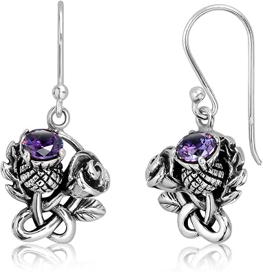 WithLoveSilver 925 Sterling Silver Scottish Thistle Rose Round Simulated Purple Cubic Zirconia Earrings