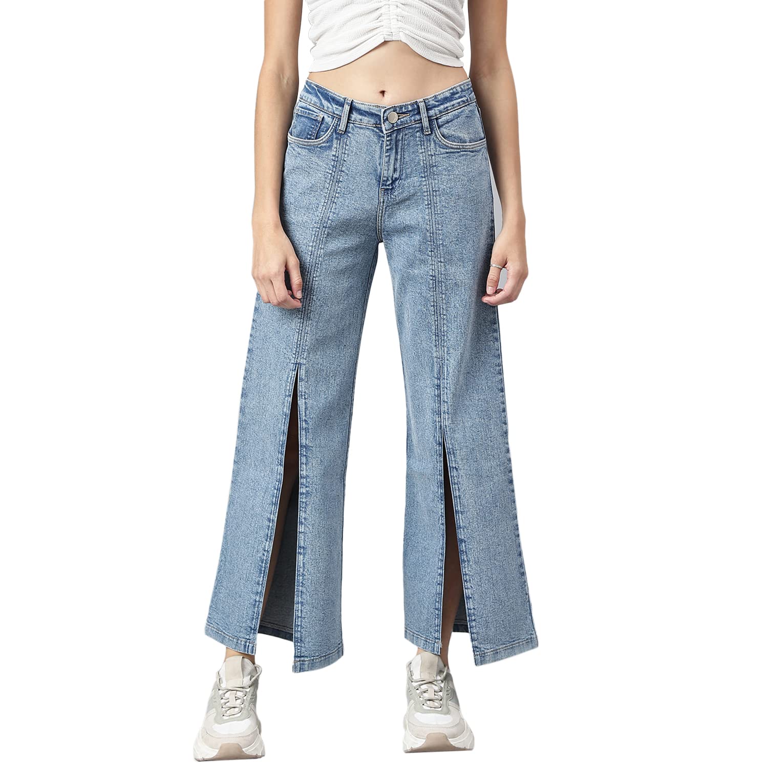 Buy 5-Pocket Wide Leg High-Rise Front Slit Jeans, Clean Look, no