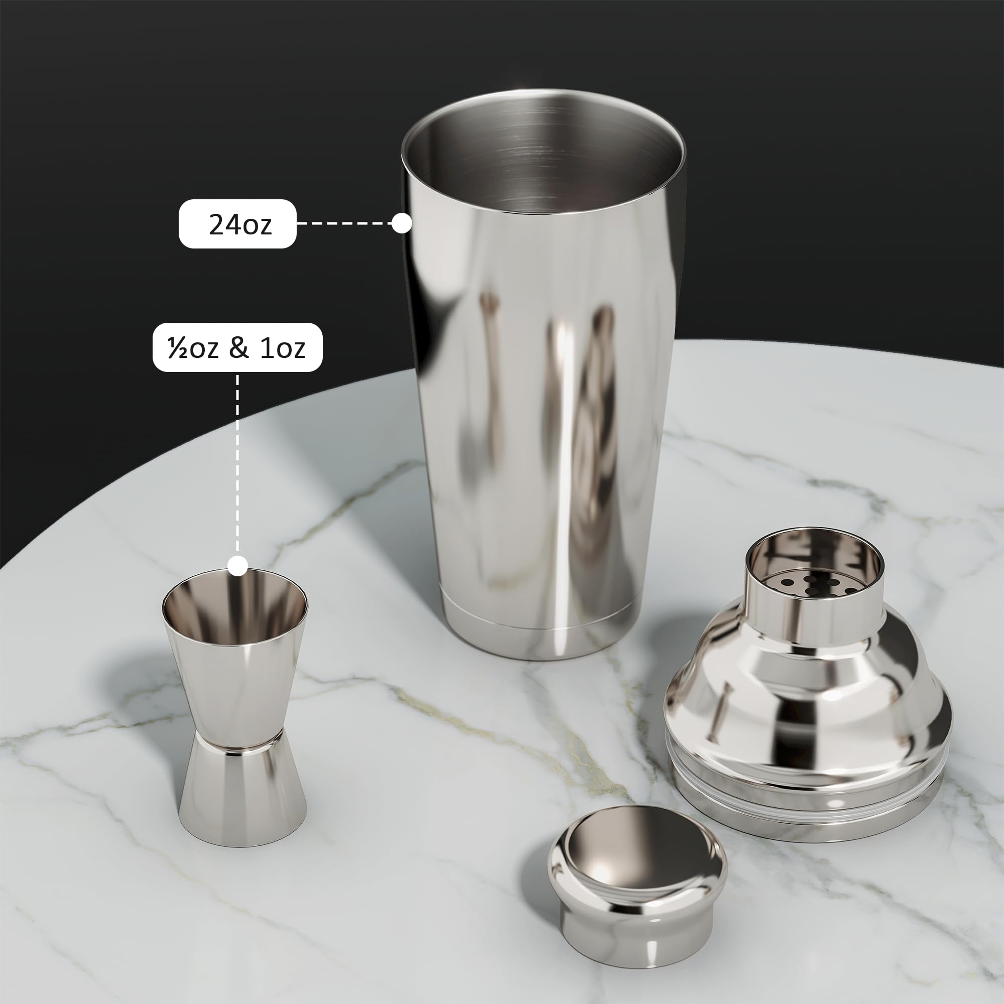 Kit de Coctelera 25 Piezas, Shaker Boston 700ml de Doble Pared en Acero Inoxidable 304, Set de Barman Completo con Soporte de Bambú, Recetas y Accesorios para Mezclar Bebidas y Regalar