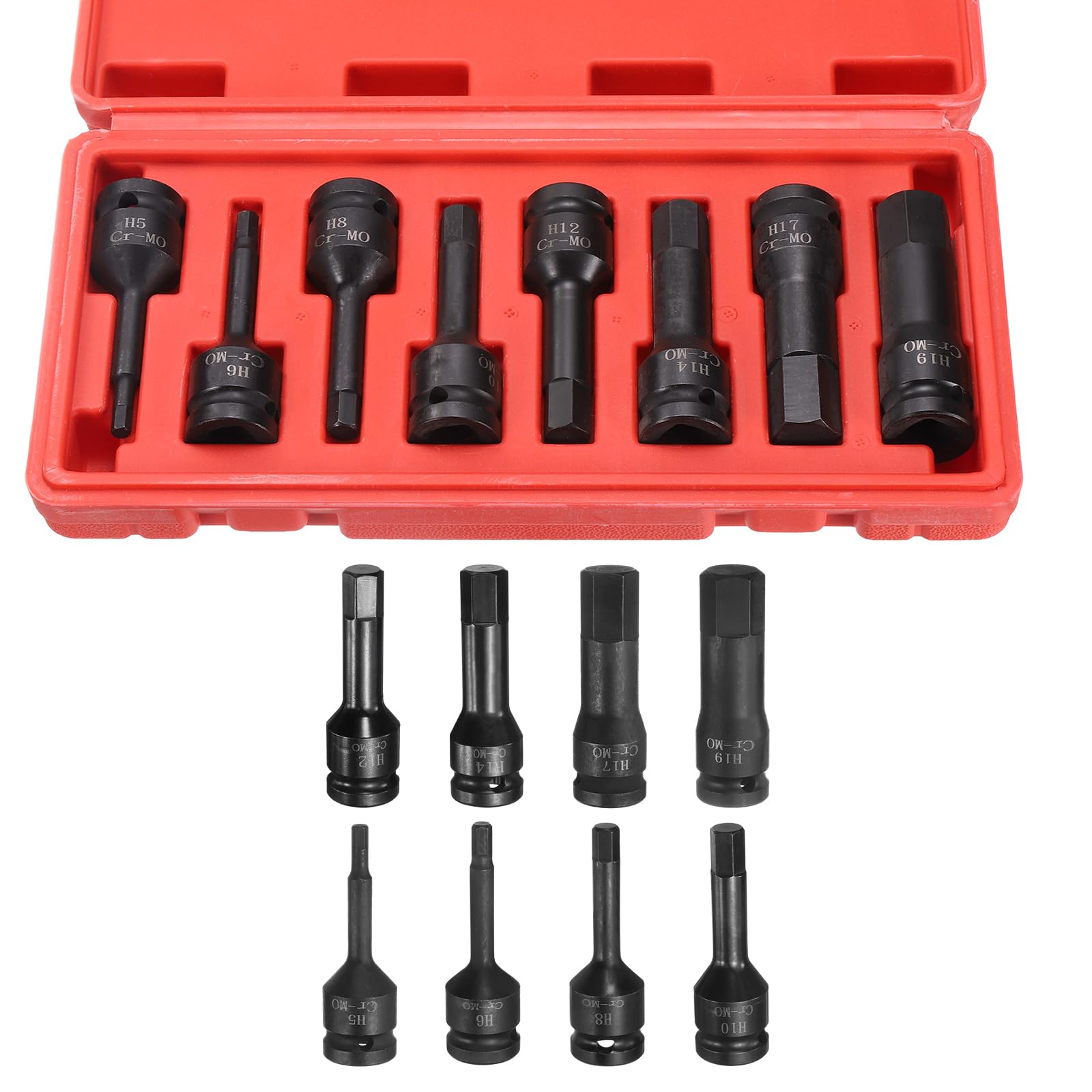 QUARKZMAN 8 Piezas Juego De Casquillos De Impacto De 1/2 Pulgada H5-H19 | Casquillo Alargado, Acero Cr-Mo Fosfatado Negro, Para Hexagonal, Adaptador Para Llaves De Impacto, Herramientas Manuales