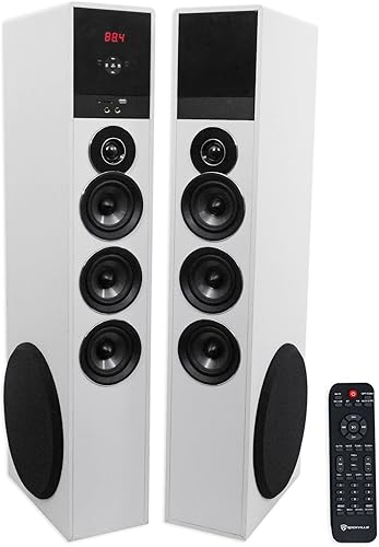 Rockville TM150W Sistema de altavoces de torre de cine en casa con alimentación, blanco, 1000W, subwoofers de 10", Bluetooth, reproducción USB/SD