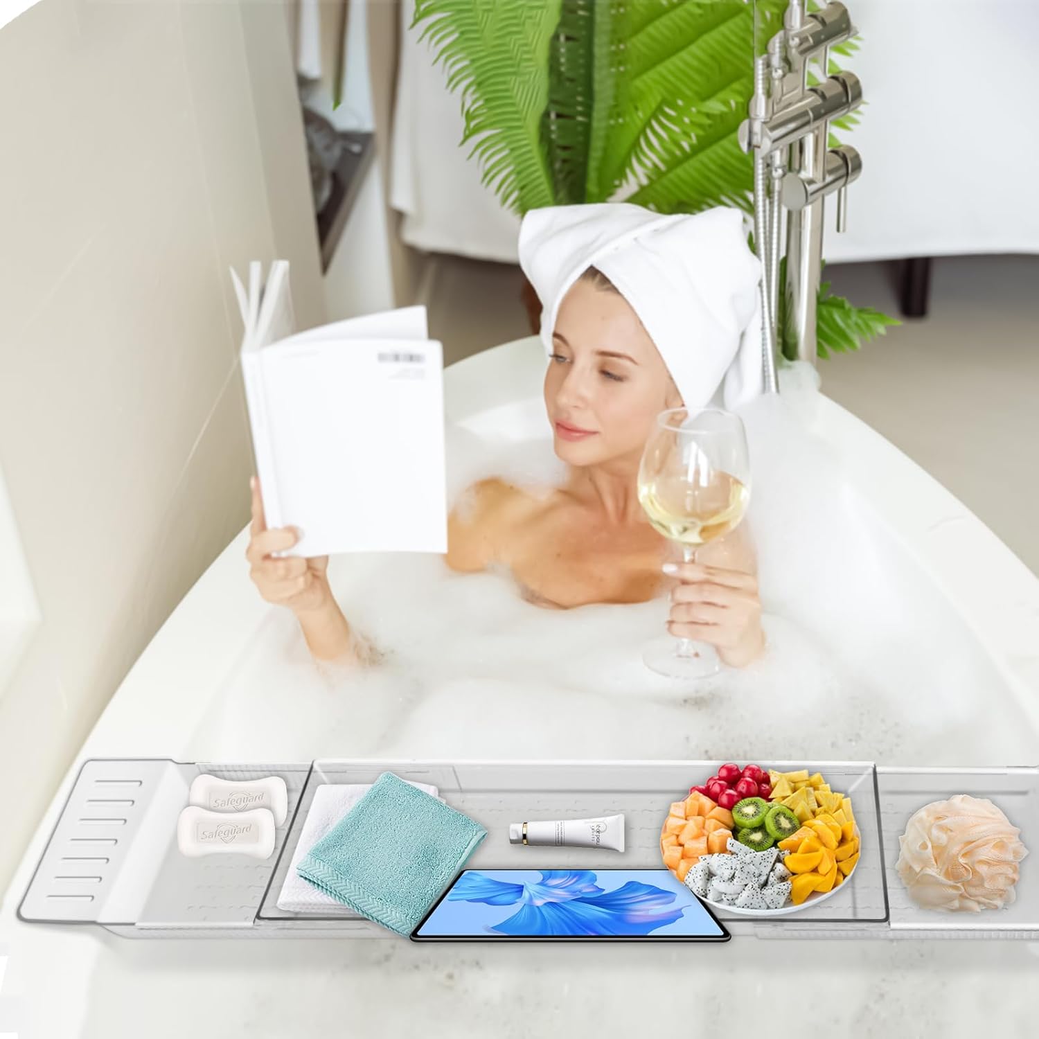 Expandable Bathtub Tray, Adjustable Bathtub Caddy Tray Bathtub Caddy for Luxury Bath, Multifunctional Bathtub Storage Rack for Book Wine Glasses Phone Bath Products, with Anti-Slip mat